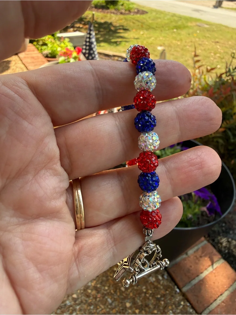 Artisan Crafted Patriotic Red White Blue Rhinestone USA Bracelet w/ Toggle Clasp
